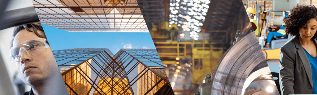 Collage of business, industrial, and professional environments.