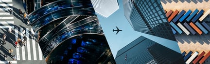 A collage of urban and industrial scenes — a crowded pedestrian crosswalk from above, skyscrapers with an airplane overhead, and rows of colorful shipping containers in a yard.